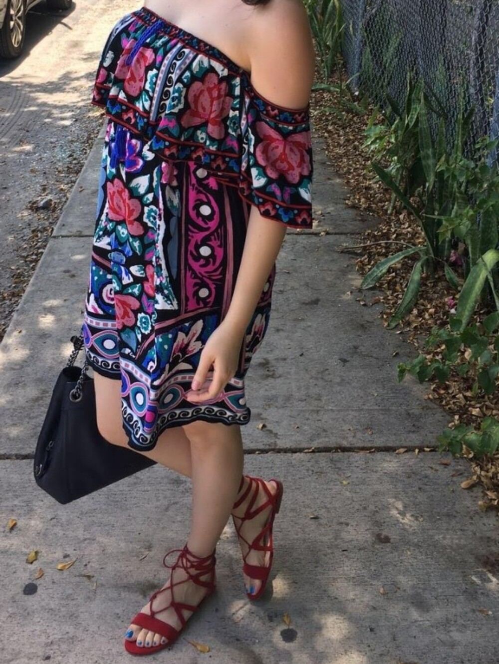 Flying Tomato Off-Shoulder Floral Mini Dress in Pink, Blue and Black